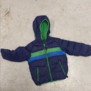Kids Blue and Green Hooded Puffer Jacket - 4T Snooz Great Condtion